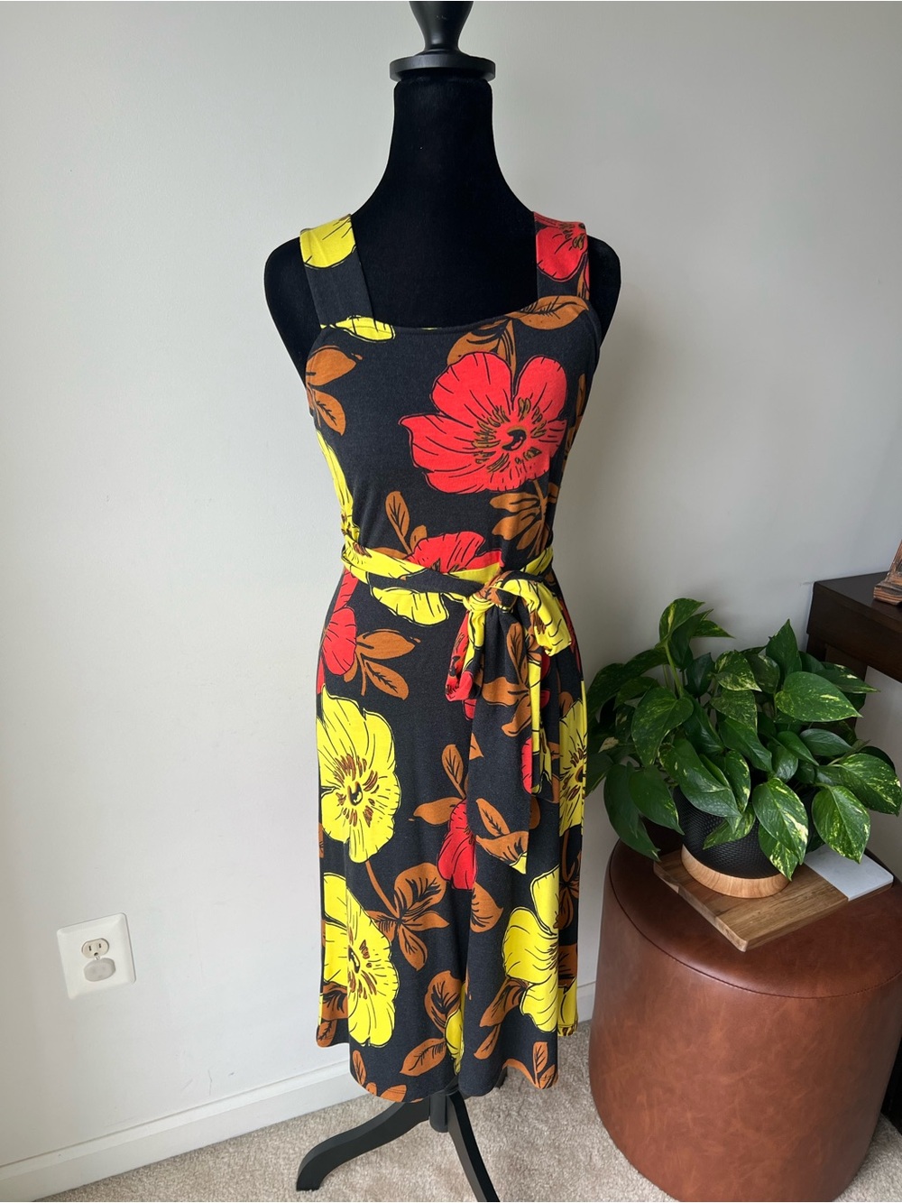 Ann Taylor Black Midi Dress with Red, Yellow & Brown Floral Print